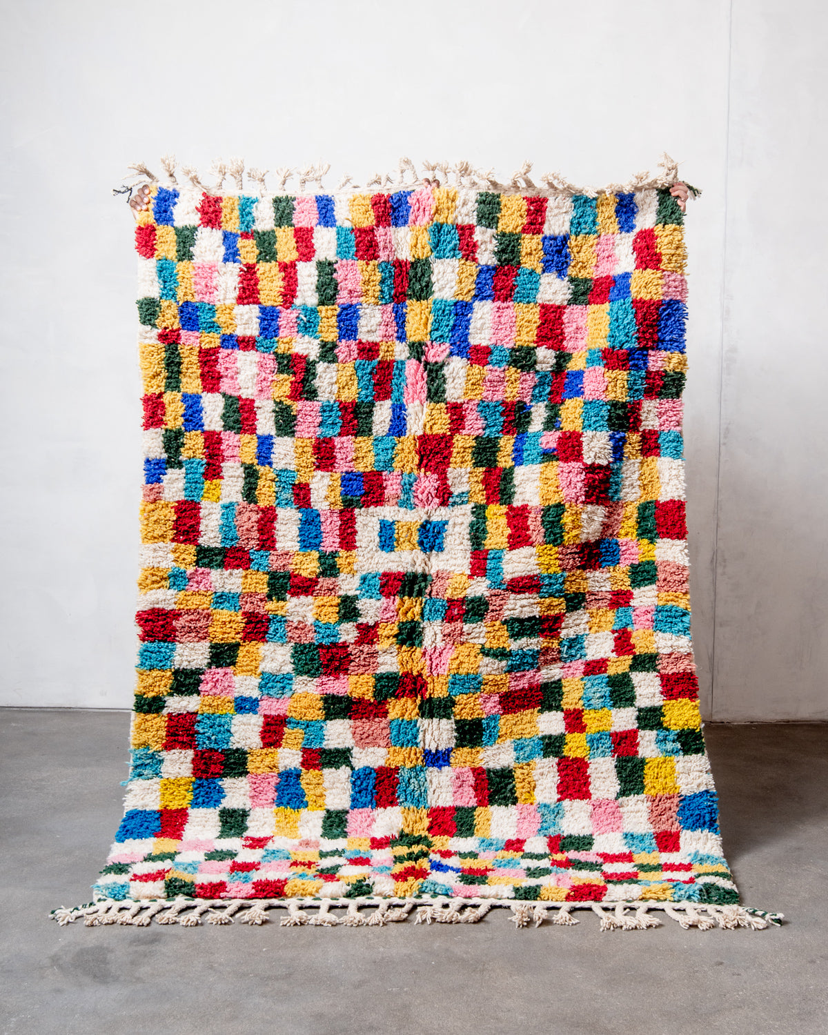 odern, designer, handcrafted Berber rug from Morocco. Beniourain carpet with beautiful colours and patterns and fluffy wool texture.